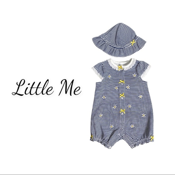 NWT Little Me Blue & White Striped Romper and Matching Hat - Picture 1 of 14